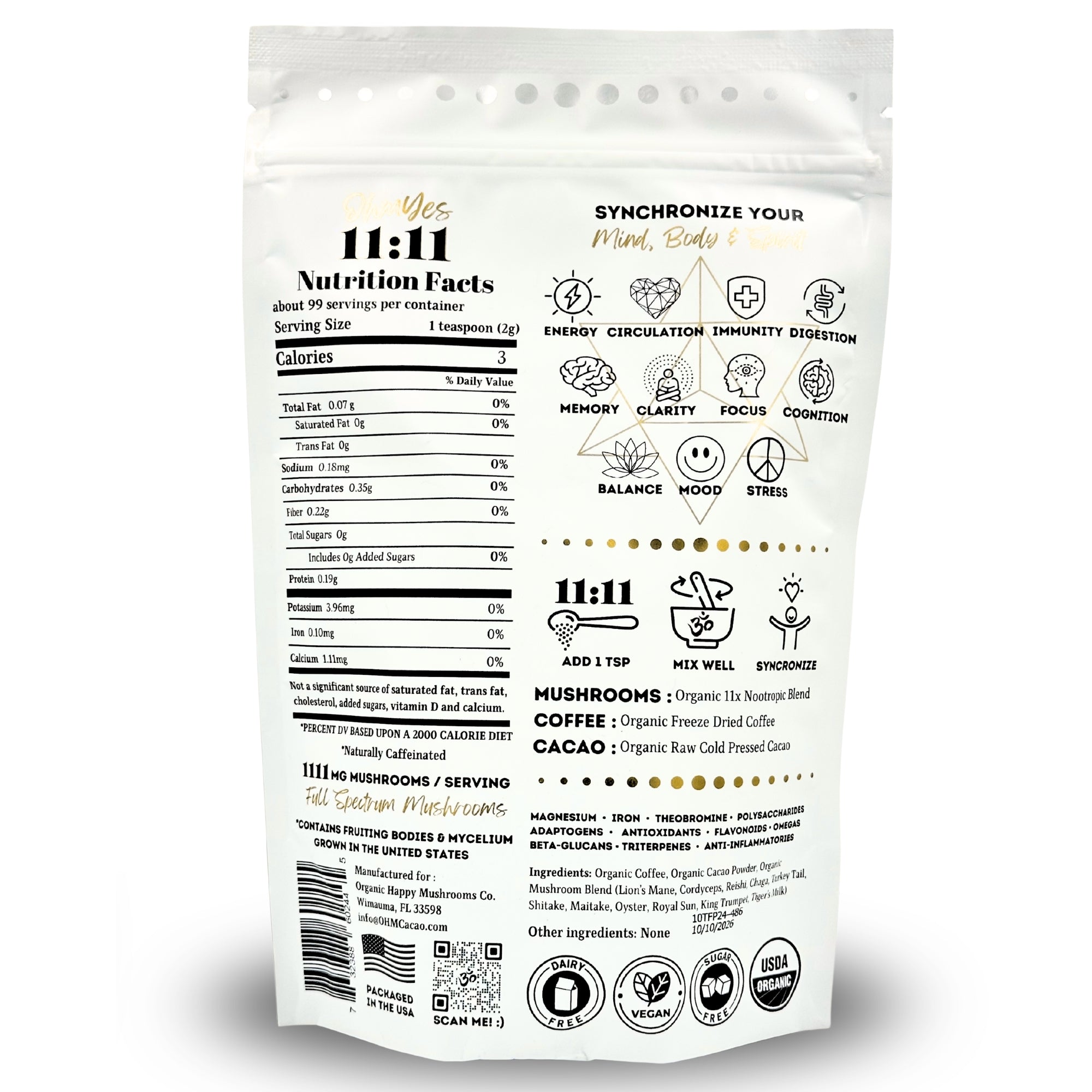 1111 Organic Mushroom Coffee with Cacao – Lion’s Mane, Reishi & Nootropic Blend
