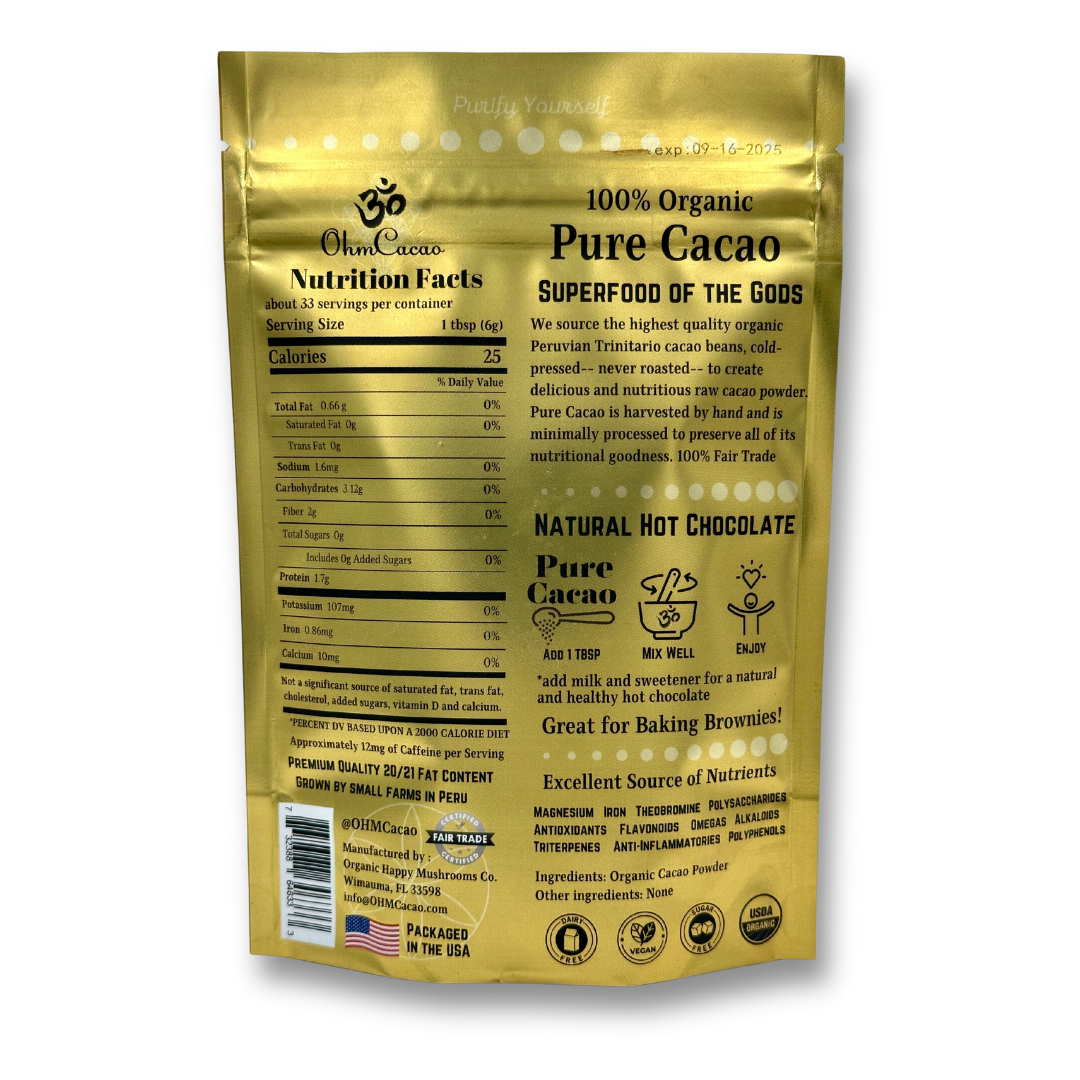 Ohm Pure Cacao | Unsweetened Raw Cacao Powder | 33 Servings - 7oz