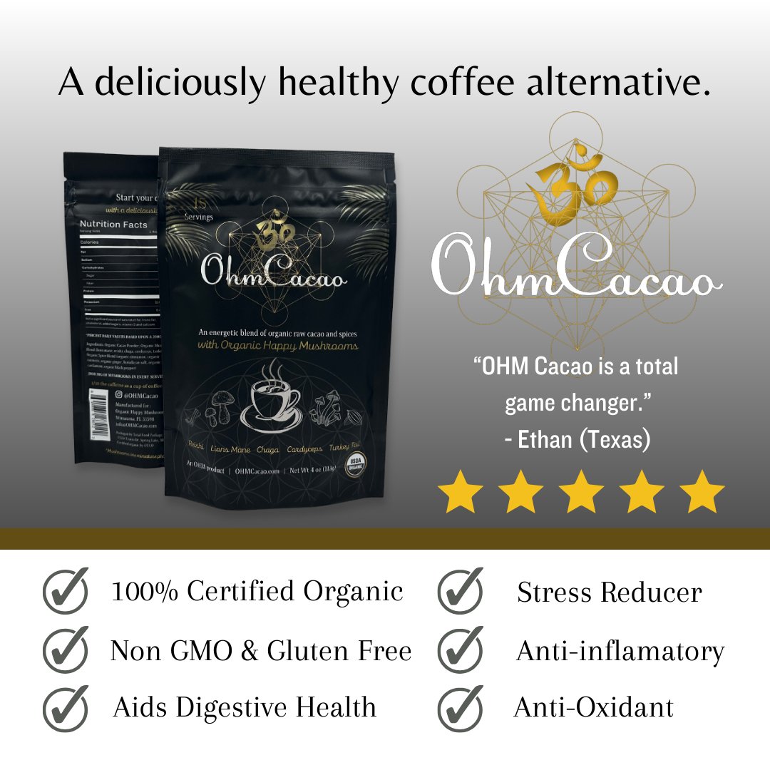 OHM Cacao Mushroom Coffee Substitute 100% Organic Fair Trade Cacao Powder - ohmcacao